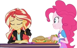 Size: 4048x2520 | Tagged: safe, edit, edited screencap, editor:homersimpson1983, imported from derpibooru, screencap, pinkie pie, sunset shimmer, equestria girls, background removed, burger, duo, duo female, female, food, hay burger, not a vector