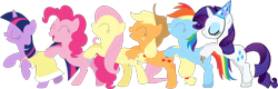 Size: 1470x473 | Tagged: artist needed, safe, edit, edited screencap, editor:incredibubbleirishguy, imported from derpibooru, screencap, vector edit, applejack, fluttershy, pinkie pie, rainbow dash, rarity, twilight sparkle, earth pony, pegasus, pony, unicorn, party of one, sweet and elite, birthday dress, clothes, conga, conga line, dress, eyes closed, hat, horn, mane six, not a vector, party dress, party hat, unicorn twilight, vector