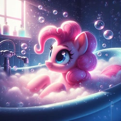 Size: 1024x1024 | Tagged: safe, imported from derpibooru, pinkie pie, earth pony, ai content, ai generated, bathtub, bubble, female, prompter:pinkiepiepics, solo