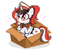 Size: 4578x4000 | Tagged: safe, imported from derpibooru, oc, oc:red rocket, unicorn, belt, blushing, box, cap, clothes, collar, commission, cutie mark, glasses, happy, hat, horn, necktie, ponytail, tail, ych result, your character here