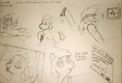 Size: 3264x2237 | Tagged: safe, artist:wren, imported from derpibooru, oc, oc only, pony, bandage, bed, bible verse, comic, force feeding, heartbeat, hospital bed, laser pointer, monochrome, pills, relieved, religion, sad, sketch, text, tongue out, whiteboard