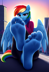 Size: 832x1216 | Tagged: safe, imported from derpibooru, rainbow dash, anthro, pegasus, ai content, ai generated, bust, feet, female, fetish, foot fetish, foot focus, generator:novelai, generator:stable diffusion, giantess, looking at you, macro, portrait, prompt in description, prompter:neutralfire, request, smiling