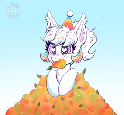 Size: 4312x4000 | Tagged: safe, artist:confetticakez, imported from derpibooru, oc, oc only, oc:confetti cupcake, bat pony, pony, absurd resolution, atg 2021, bat pony oc, bat wings, cute, ear fluff, ear tufts, female, food, hat, heart, heart eyes, mango, mare, newbie artist training grounds, ocbetes, party hat, solo, sparkles, wingding eyes, wings