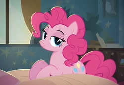 Size: 1600x1095 | Tagged: safe, imported from derpibooru, pinkie pie, earth pony, pony, ai content, ai generated, bedroom eyes, female, generator:pony diffusion v6 xl, generator:stable diffusion, mare, prompter:dewie, solo