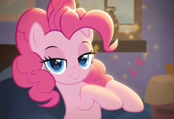 Size: 1600x1095 | Tagged: safe, imported from derpibooru, pinkie pie, earth pony, pony, ai content, ai generated, bedroom eyes, female, generator:pony diffusion v6 xl, generator:stable diffusion, mare, prompter:dewie, solo