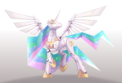 Size: 6300x4300 | Tagged: safe, artist:chopchopguy, imported from derpibooru, princess celestia, alicorn, pony, robot, robot pony, absurd resolution, curved horn, gradient background, horn, long mane, raised hoof, robolestia, solo, spread wings, standing on two hooves, wings