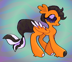 Size: 3958x3441 | Tagged: safe, artist:larvaecandy, imported from derpibooru, oc, oc only, pegasus, pony, abstract background, artfight, big hooves, black mane, black tail, blush lines, blushing, colored hooves, colored sclera, colored wings, colored wingtips, eyelashes, female, fetlock tuft, fish tail, folded wings, gift art, high res, hooves, long legs, mare, mare oc, mismatched hooves, missing cutie mark, multicolored hooves, no pupils, orange coat, pegasus oc, profile, purple eyes, purple sclera, shiny mane, shiny tail, short mane, smiling, solo, standing, tail, two toned tail, two toned wings, walking, white hooves, white wingtips, wingding eyes, wings