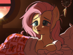 Size: 2732x2048 | Tagged: safe, artist:omletische, imported from derpibooru, fluttershy, pony, bed, blanket, dreamcatcher, female, high res, mare, messy mane, morning ponies, open mouth, plushie, solo