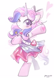 Size: 1421x2048 | Tagged: safe, artist:petaltwinkle, imported from derpibooru, oc, oc only, oc:sugarswirl, pony, unicorn, bag, bipedal, blushing, bow, choker, clothes, colored eyelashes, colored horn, curly mane, dress, ear fluff, ear piercing, earring, eye clipping through hair, eyelashes, female, floating heart, frilly dress, frilly skirt, gradient ears, hair accessory, hair bow, heart, heart choker, heart earring, heart eyes, horn, jewelry, long socks, looking at you, makeup, mane accessory, mare, mare oc, multicolored mane, multicolored tail, one eye closed, piercing, pink bow, pink eyes, pink skirt, pink socks, purple eyelashes, raised hoof, shiny eyes, shoulder bag, signature, simple background, smiling, smiling at you, socks, standing, tail, unicorn horn, unicorn oc, white background, white coat, wingding eyes, wink