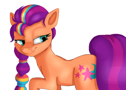 Size: 1240x883 | Tagged: safe, artist:jbond, artist:tre, color edit, edit, imported from derpibooru, sunny starscout, earth pony, pony, bedroom eyes, colored, covering, female, flank, g5, hairband, looking back, mare, raised hoof, simple background, smiling, solo, tail, tail covering, white background