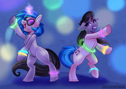 Size: 4092x2893 | Tagged: safe, artist:shyshyoctavia, imported from twibooru, dj pon-3, octavia melody, vinyl scratch, earth pony, pony, unicorn, /mlp/ latex requests, bipedal, chest fluff, dancing, digital art, duo, female, glow rings, glowing horn, high res, horn, image, latex, latex suit, looking at someone, mare, mask, masking, png, rave, rearing, seams, signature, twinning, watermark removal, zipper