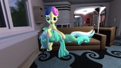 Size: 1920x1080 | Tagged: safe, artist:ports2005, imported from derpibooru, bon bon, lyra heartstrings, sweetie drops, earth pony, pony, unicorn, 3d, background pony, couch, duo, duo female, female, gmod, horn, lesbian, lying down, lyrabon, shipping, window