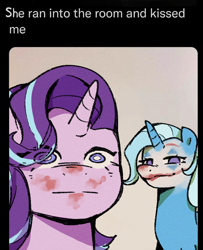 Size: 734x902 | Tagged: safe, artist:ywraa, imported from derpibooru, starlight glimmer, trixie, pony, unicorn, duo, duo female, english, female, horn, lesbian, makeup, mare, shipping, startrix, text