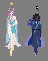 Size: 1608x2048 | Tagged: safe, artist:ywraa, imported from derpibooru, princess celestia, princess luna, human, dark skin, duo, duo female, female, gray background, humanized, simple background