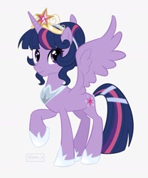 Size: 1280x1537 | Tagged: safe, artist:ywraa, imported from derpibooru, twilight sparkle, alicorn, pony, alternate design, big crown thingy, element of magic, female, jewelry, mare, raised hoof, regalia, simple background, slender, solo, thin, tiara, twilight sparkle (alicorn), white background