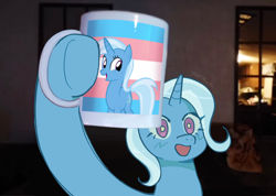 Size: 1690x1205 | Tagged: safe, artist:ywra_a, artist:ywraa, imported from derpibooru, trixie, pony, unicorn, female, horn, irl, looking at you, mare, meme, mouthpiece, mug, open mouth, photo, ponies in real life, ponified meme, pride, pride flag, smiling, solo, trans trixie, transgender, transgender pride flag