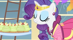 Size: 2160x1207 | Tagged: safe, imported from derpibooru, rarity, pony, unicorn, a bird in the hoof, alternate hairstyle, balloon, beautiful, clothes, dress, ear piercing, earring, elegant, eyes closed, food, gown, horn, jewelry, ladder, party, piercing, rarity's first gala dress, solo, sugarcube corner, tiara, tray