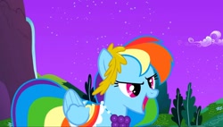 Size: 2137x1214 | Tagged: safe, imported from derpibooru, screencap, rainbow dash, pegasus, pony, the best night ever, alternate hairstyle, at the gala, beautiful, bush, canterlot, clothes, determined, determined face, determined look, determined smile, dress, female, gala, gala dress, gown, grand galloping gala, grass, mare, night, rainbow dash's first gala dress, singing, solo, stars, water, waterfall