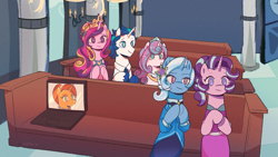 Size: 1837x1036 | Tagged: safe, artist:ywraa, imported from derpibooru, princess cadance, princess flurry heart, shining armor, starlight glimmer, stellar flare, trixie, alicorn, pony, unicorn, bench, clapping, computer, horn, laptop computer, sitting