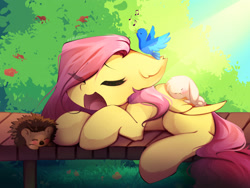 Size: 3000x2250 | Tagged: safe, artist:shavurrr, imported from derpibooru, angel bunny, fluttershy, bird, hedgehog, pegasus, pony, awakening, bench, flower, grass, leaves, nature, singing, sleeping, solo, sun, wood, yawn