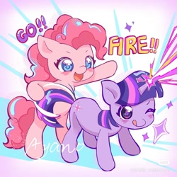 Size: 1080x1080 | Tagged: safe, artist:ayano的百宝袋, imported from derpibooru, pinkie pie, twilight sparkle, earth pony, unicorn, a canterlot wedding, behaving like a weapon, blast, cute, diapinkes, duo, duo female, female, horn, magic, magic beam, magic blast, red little book source, twiabetes, twigun, unicorn twilight