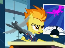 Size: 1636x1203 | Tagged: safe, imported from derpibooru, screencap, spitfire, pegasus, pony, wonderbolts academy, annoyed, captain of the wonderbolts, clothes, cropped, desk, drill sergeant, female, lamp, mare, necktie, poster, solo, spitfire's office, spitfire's tie, suit, uniform, window, wonderbolts dress uniform, wonderbolts headquarters