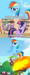 Size: 416x1040 | Tagged: source needed, safe, edit, edited screencap, imported from derpibooru, screencap, rainbow dash, spike, twilight sparkle, dragon, pegasus, pony, unicorn, twilight's kingdom, comic, explosion, fire, golden oaks library, impact font, meme, n word, nerd, screencap comic, sky, trio, unicorn twilight