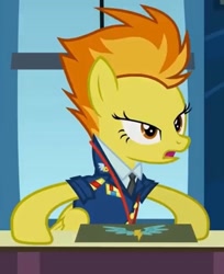 Size: 870x1068 | Tagged: safe, imported from derpibooru, screencap, spitfire, pegasus, pony, wonderbolts academy, captain of the wonderbolts, clothes, cropped, desk, female, lidded eyes, mare, necktie, office, shocked, shocked expression, solo, spitfire's office, spitfire's tie, suit, surprised, uniform, window, wonderbolts dress uniform, wonderbolts headquarters