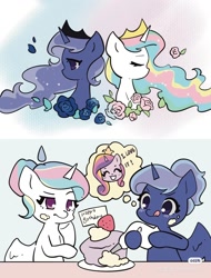 Size: 1024x1350 | Tagged: safe, artist:ayano的百宝袋, imported from derpibooru, princess cadance, princess celestia, princess luna, back to back, baking, cake, cream, cute, cutedance, cutelestia, female, flower, food, lunabetes, red little book source, rose, strawberry, trio, trio female