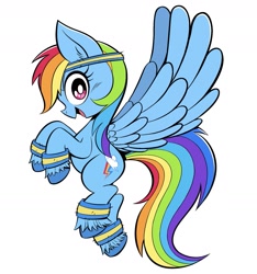 Size: 1743x1864 | Tagged: safe, artist:cubiccitrus, imported from derpibooru, rainbow dash, pegasus, pony, female, flying, headband, hoofband, looking at you, mare, open mouth, open smile, simple background, smiling, smiling at you, solo, spread wings, unshorn fetlocks, white background, wings, wristband