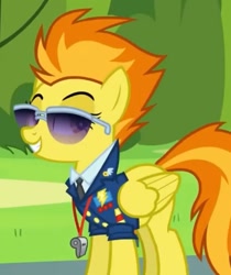 Size: 909x1084 | Tagged: safe, imported from derpibooru, screencap, spitfire, pegasus, pony, season 6, top bolt, bedroom eyes, bush, captain of the wonderbolts, clothes, cloudsdale, cropped, female, happy, mare, necktie, sexy, smiling, solo, spitfire's tie, spitfire's whistle, stupid sexy spitfire, suit, sunglasses, uniform, whistle, wonderbolts dress uniform