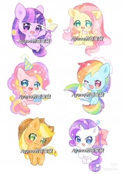 Size: 1080x1528 | Tagged: safe, artist:ayano的百宝袋, imported from derpibooru, applejack, fluttershy, pinkie pie, rainbow dash, rarity, twilight sparkle, earth pony, pegasus, unicorn, chinese, cute, dashabetes, diapinkes, horn, jackabetes, mane six, raribetes, red little book source, shyabetes, twiabetes, watermark