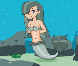 Size: 1074x902 | Tagged: safe, artist:ocean lover, imported from derpibooru, marble pie, human, mermaid, bare shoulders, bashful, beautiful, belly, belly button, boulder, bra, bubble, clothes, curvy, cute, fins, fish tail, hair over one eye, hourglass figure, human coloration, humanized, innocent, kelp, light skin, long hair, looking up, marblebetes, mermaid tail, mermaidized, midriff, ms paint, ocean, pretty, purple eyes, rock, sand, seashell, seashell bra, shy, smiling, species swap, sponge, tail, tail fin, two toned hair, underwater, underwear, water