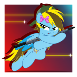 Size: 5000x5000 | Tagged: safe, artist:jhayarr23, imported from derpibooru, oc, oc only, oc:lucky bolt, pegasus, pony, backwards ballcap, baseball cap, bow, cap, commission, cool, determined, female, gun, hair bow, hat, simple background, solo, weapon, ych result