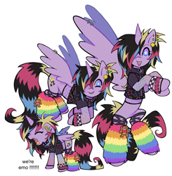 Size: 2000x2042 | Tagged: safe, artist:toycasino, imported from derpibooru, oc, oc only, oc:sparky, alicorn, pony, alicorn oc, artfight, bracelet, choker, clothes, coontails, domo, ear piercing, earring, eyes closed, fangs, female, fishnet clothing, flying, frown, furry leg warmers, gauges, gift art, gradient eyes, hair over one eye, helix piercing, high res, hoodie, horn, jewelry, leaning forward, leg warmers, long tail, looking at you, mare, mare oc, meme, multicolored mane, multicolored tail, necklace, open frown, open mouth, open smile, partially open wings, piercing, purple coat, raised hooves, raver, ripped stockings, scene, scene hair, short mane, simple background, slender, smiley face, smiling, smiling at you, socks, spiked choker, spiky mane, spiky tail, spread wings, starry eyes, stockings, striped leg warmers, striped tail, tail, text, thick horn, thigh highs, thin, torn clothes, two toned eyes, we're emo, white background, white pupils, wing piercing, wingding eyes, wings, yelling