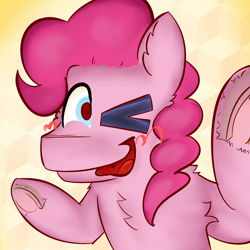 Size: 2048x2048 | Tagged: safe, artist:felixmcfurry, derpibooru exclusive, imported from derpibooru, pinkie pie, earth pony, blushing, chest fluff, ear fluff, mr. beast pose, one eye closed, rendered, solo, underhoof, vulgar description, wink