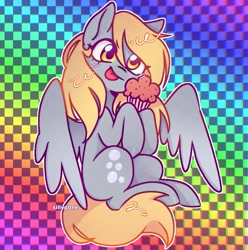 Size: 1087x1096 | Tagged: safe, artist:sillyp0ne, imported from derpibooru, derpy hooves, pegasus, pony, blonde mane, blonde tail, blush lines, blushing, checkered background, colored hooves, cute, derp, derpabetes, eye clipping through hair, eyebrows, eyelashes, eyestrain warning, female, food, glowing blush, gray coat, gray hooves, hoof hold, hooves, mare, muffin, multicolored background, outline, partially open wings, patterned background, rainbow background, shiny hooves, shiny mane, shiny tail, signature, sitting, smiling, solo, tail, tongue out, wings, yellow eyes