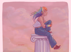 Size: 2048x1485 | Tagged: safe, artist:starryducks, imported from derpibooru, rainbow dash, human, alternate hairstyle, arm warmers, clothes, cloud, cute, dashabetes, denim, ear piercing, earring, eyes closed, female, flowing hair, humanized, jeans, jewelry, midriff, pants, piercing, pillar, podium, shoes, sneakers, socks, solo