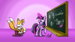 Size: 1280x720 | Tagged: safe, artist:soulsliver249, imported from derpibooru, twilight sparkle, alicorn, anthro, fox, pony, chalk, chalk drawing, chalkboard, crossover, dialogue, digital art, duo, english, glowing, glowing horn, happy, horn, magic, miles "tails" prower, mobian, notepad, pen, purple background, signature, simple background, sonic the hedgehog (series), sonicified, stool, telekinesis, traditional art, twilight sparkle (alicorn)