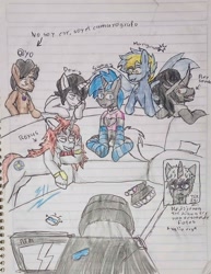 Size: 1449x1877 | Tagged: safe, artist:tex341, imported from derpibooru, king sombra, oc, oc:apollyon, oc:sama, unnamed oc, alicorn, pegasus, pony, unicorn, alicorn oc, camera, couch, group, horn, lined paper, looking at each other, looking at someone, looking at you, pegasus oc, spanish, traditional art, unamused, unicorn oc, wings