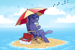 Size: 5064x3393 | Tagged: safe, artist:helmie-art, imported from derpibooru, oc, oc:lightning flare, chest fluff, commission, cooler, crossed legs, drink, island, sitting, solo, sternocleidomastoid, umbrella, water, ych result