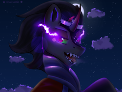 Size: 1955x1485 | Tagged: safe, artist:divori, imported from derpibooru, king sombra, armor, cloud, colored horn, crown, curved horn, evil, evil grin, fangs, green eyes, grin, horn, jewelry, mantle, moon, regalia, simple background, smiling, sombra eyes, sombra horn, stars, teeth, tiara