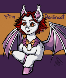 Size: 2300x2700 | Tagged: safe, artist:gigisarts, imported from derpibooru, oc, oc only, oc:finn redbreast, bat pony, pony, bartender, bat pony oc, bat wings, bust, clothes, commission, orange eyes, portrait, red hair, solo, wings