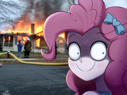 Size: 2734x2050 | Tagged: safe, artist:the-butch-x, imported from derpibooru, pinkie pie, human, equestria girls, fire, house, irl, looking back, meme, meme origin, open mouth, open smile, photo, smiling