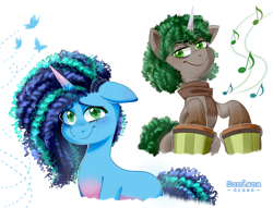 Size: 3760x2872 | Tagged: safe, artist:soniana_draws, imported from derpibooru, butterfly, pony, unicorn, bongos, curly hair, curly mane, dapple, duo, duo male and female, eyebrows, eyebrows visible through hair, female, g5, high res, horn, looking at you, male, mare, misty brightdawn, music notes, signature, simple background, smiling, smiling at you, stallion, unshorn fetlocks, white background