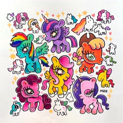 Size: 4096x4096 | Tagged: safe, artist:meganroseruiz, imported from derpibooru, applejack, fluttershy, pinkie pie, rainbow dash, rarity, twilight sparkle, alicorn, earth pony, pegasus, pony, unicorn, applejack's hat, bow, cowboy hat, female, hat, heart, horn, mane six, mare, simple background, sparkles, traditional art, twilight sparkle (alicorn)