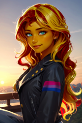 Size: 1024x1536 | Tagged: safe, edit, imported from derpibooru, sunset shimmer, human, equestria girls, ai content, ai generated, beautiful, bisexual pride flag, clothes, ear piercing, earring, edited ai content, freckles, jacket, jewelry, leather, leather jacket, long hair, looking at you, outdoors, photoshop, piercing, pride, pride flag, prompter:sammykun, recolor, sky, smiling, solo, sunset, zipper