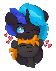 Size: 921x1169 | Tagged: safe, artist:solarhors, imported from derpibooru, oc, oc only, oc:solar flare, oc:♪, changeling, earth pony, pony, ^^, blushing, changeling oc, closed eye, eye clipping through hair, eyebrows, eyebrows visible through hair, eyes closed, floating heart, floppy ears, happy, heart, hug, simple background, transparent background