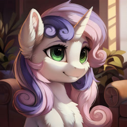 Size: 3072x3072 | Tagged: safe, imported from derpibooru, sweetie belle, pony, unicorn, ai content, ai generated, bust, chest fluff, ear fluff, female, filly, fluffy, foal, generator:stable diffusion, horn, indoors, looking at you, mare, prompter:seashell, smiling, smiling at you, solo, tail, two toned mane, two toned tail