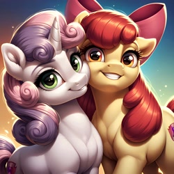 Size: 2512x2512 | Tagged: safe, imported from derpibooru, apple bloom, sweetie belle, earth pony, unicorn, abstract background, ai content, ai generated, cheek to cheek, duo, generator:pony diffusion v6 xl, generator:stable diffusion, gradient background, gritted teeth, happy, horn, looking at you, prompter:bartp98, smiling, smiling at you, teeth